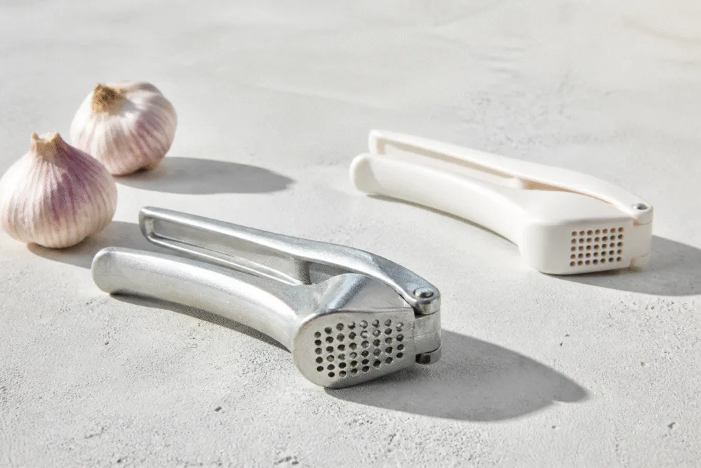 Aluminum garlic press beside a plastic garlic press on a light stone surface showing the metal alternative to plastic