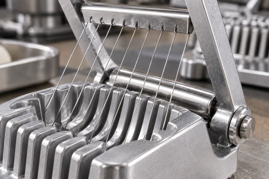 Close-up of stainless steel cutting wires and hinge on a metal egg slicer