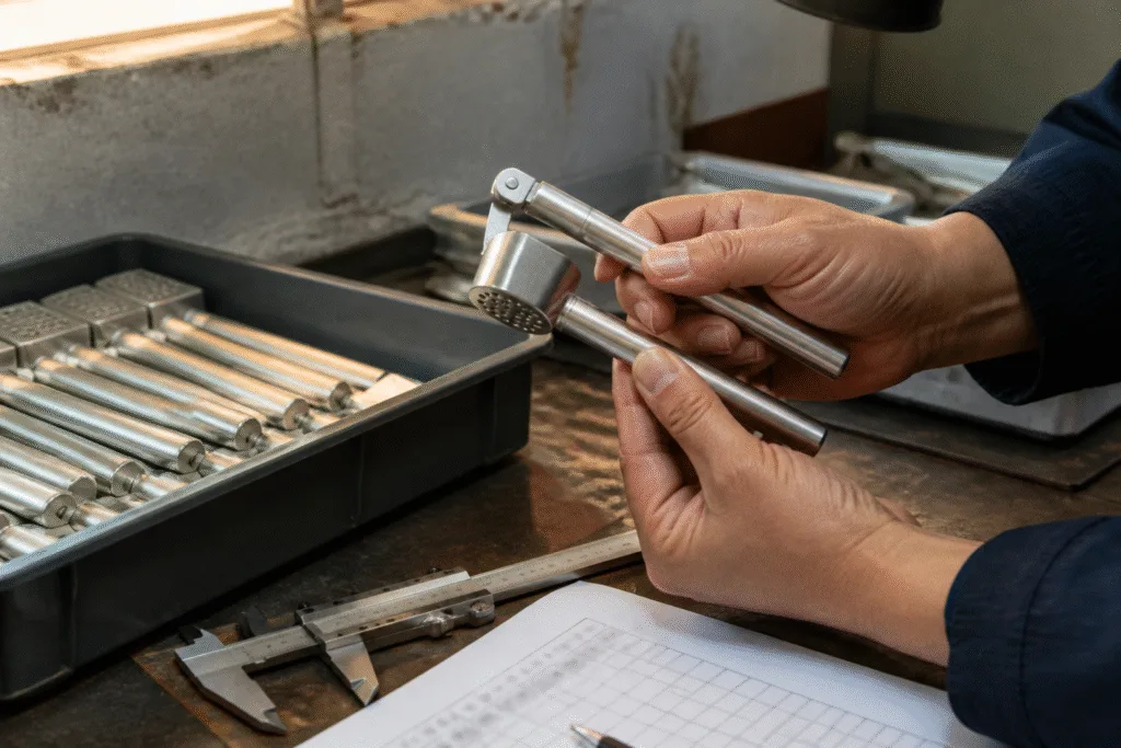 Dial indicator measuring hinge play on an aluminum garlic press during a batch quality inspection