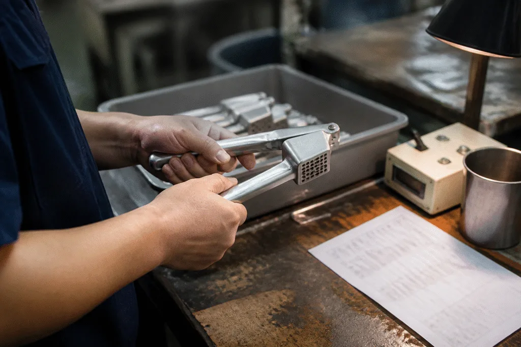 Garlic press clamped in a load testing machine being pressed repeatedly to test handle and hinge strength