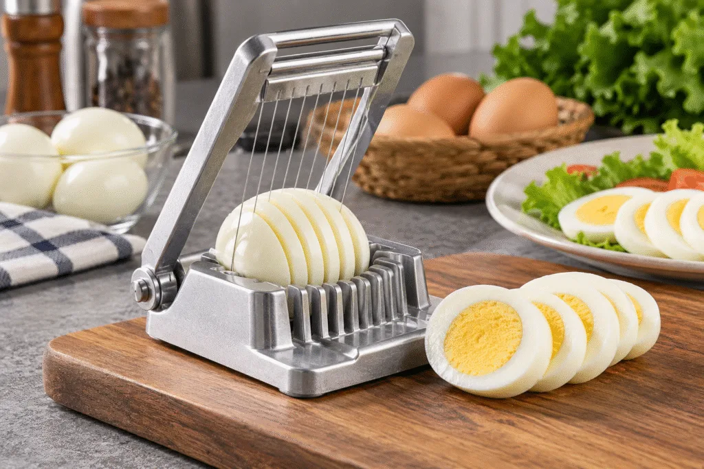 Heavy duty egg slicer with a metal frame and stainless steel cutting wires