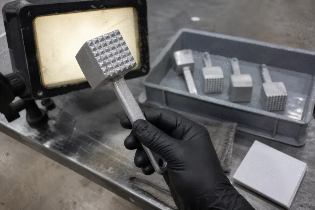 Cast aluminum meat tenderizer head held in a gloved hand in front of an inspection light box at a finishing shop bench