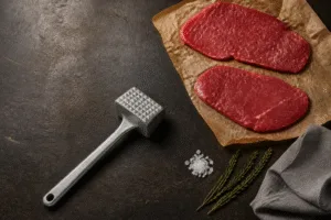 Aluminum meat tenderizer mallet with a tooth face and a flat face on a dark steel prep table beside raw beef cutlets