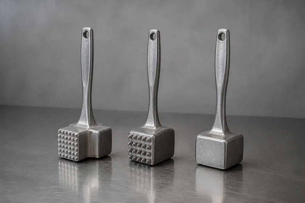 Three meat tenderizer types on brushed steel: a two-sided mallet, a textured toothed tenderizer and a flat pounder