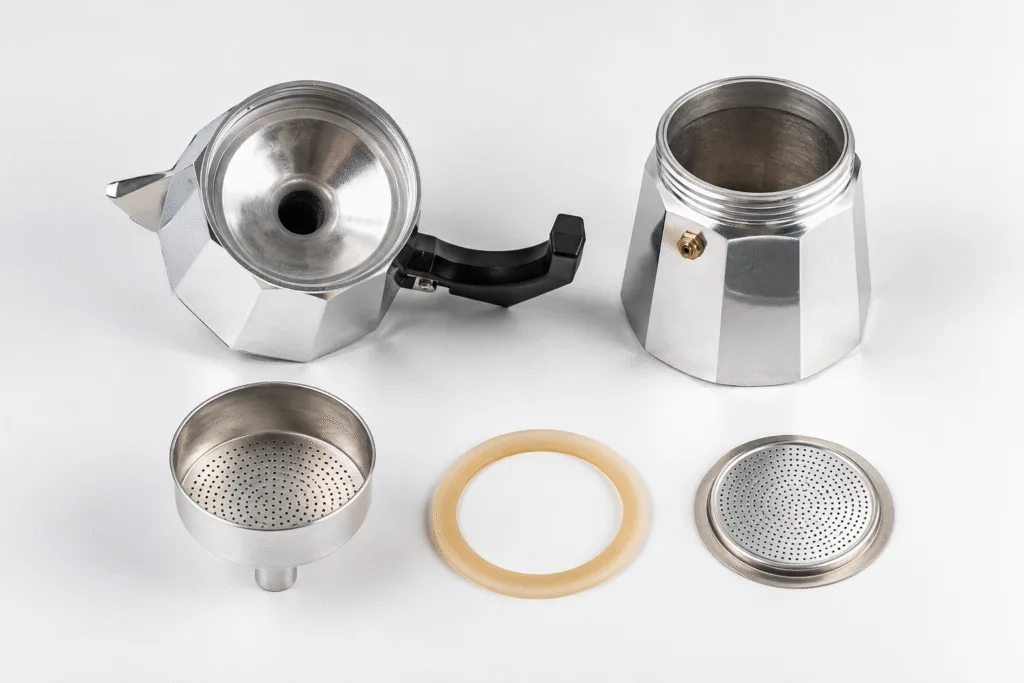 Aluminum moka pot components including boiler, filter funnel, gasket and upper chamber