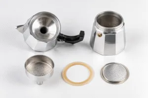 Aluminum moka pot components including boiler, filter funnel, gasket and upper chamber