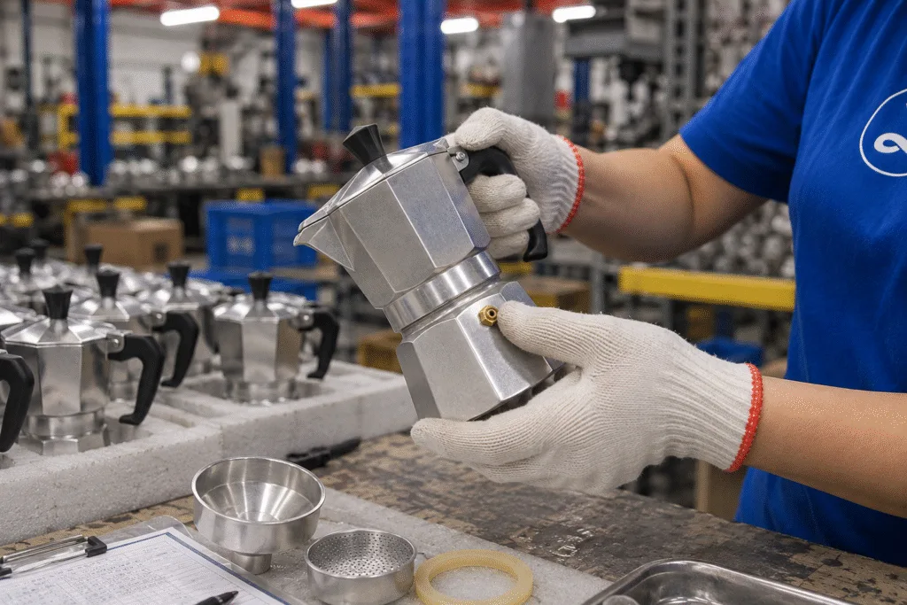 Aluminum moka pot components undergoing assembly in a kitchenware manufacturing workshop