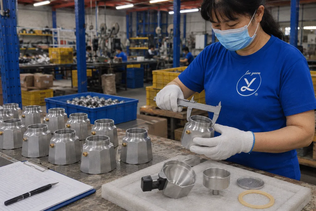 Quality inspector checking aluminum coffee maker component dimensions in a manufacturing workshop