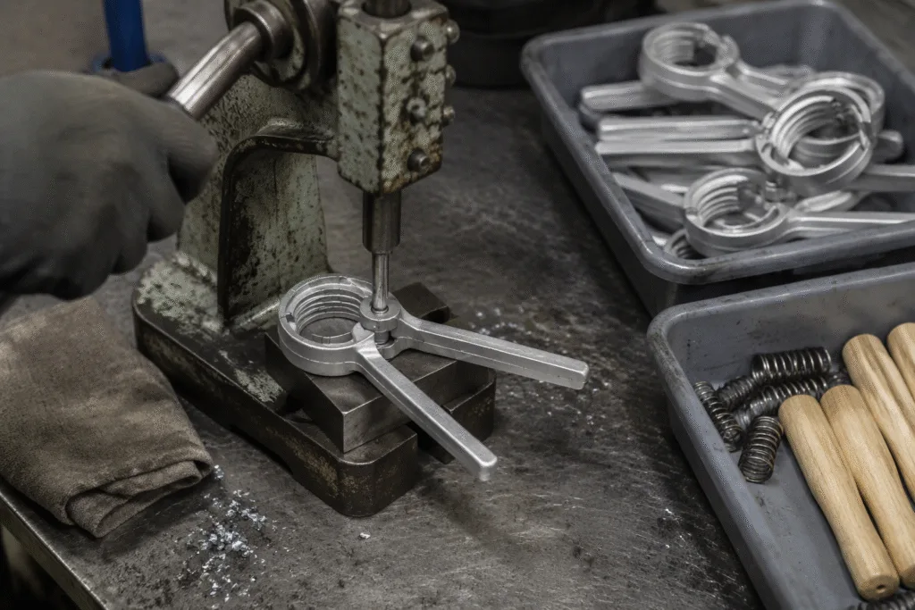 Pivot pin of a cast aluminum round-jaw nutcracker being seated in a worn hand press on a busy assembly bench