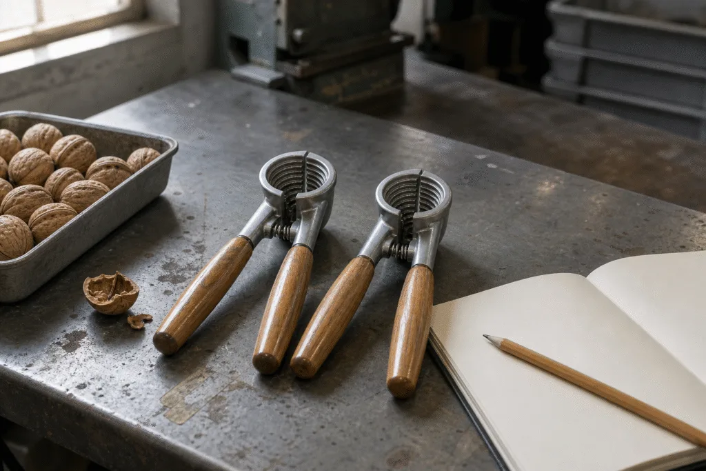 Sample nutcracker and production part side by side with a tray of walnuts and a blank notebook on a workshop bench