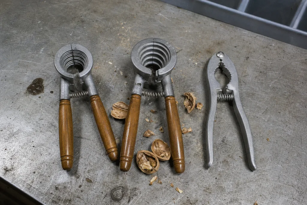 Three nutcracker designs on a dusty steel bench: a round jaw, a stepped multi-size round jaw and a spring plier