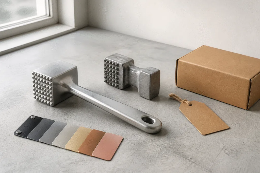 Unbranded meat tenderizer prototype, raw cast head, blank kraft tag and packaging samples on a development workbench