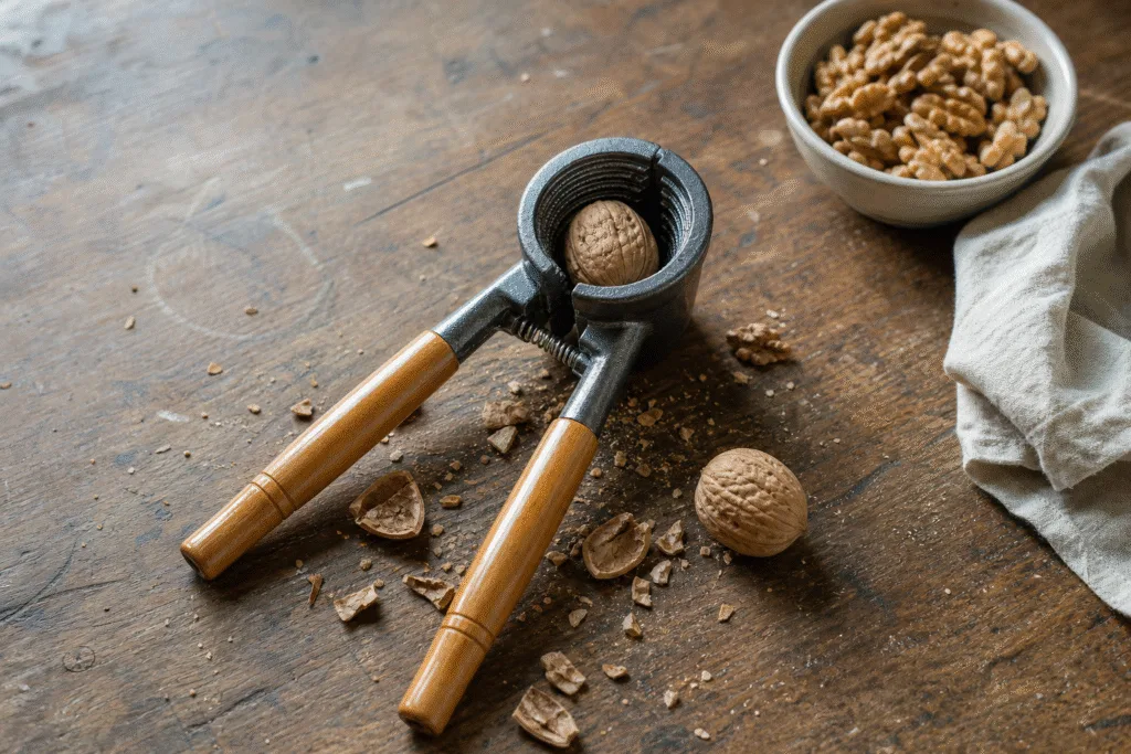 Round-jaw cast aluminum nutcracker with wooden handles holding a walnut, on a worn wooden table with broken shells